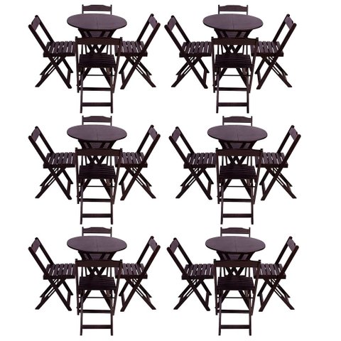 Kit 6 Jogos de Mesa Dobravel com 4 Cadeiras Tampo Redondo 70x70 Tabaco