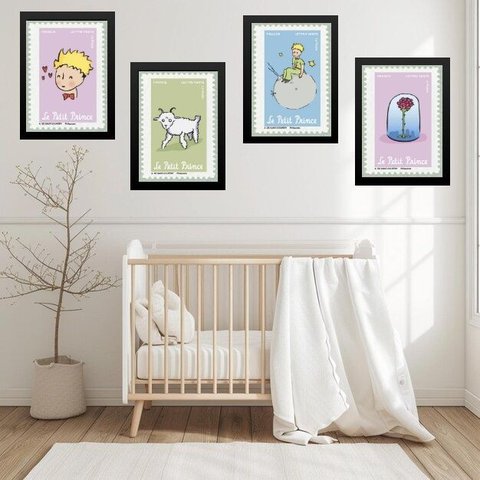 Kit 4 Quadros Quarto Infantil Pequeno Príncipe 33x24cm:moldura Preta