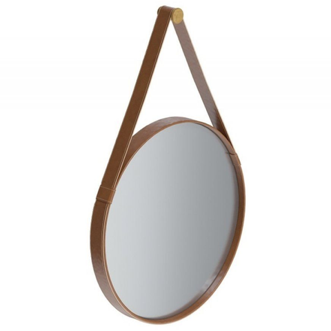 Espelho Decorativo Redondo Aqua 80cm com Alça Couro Marrom