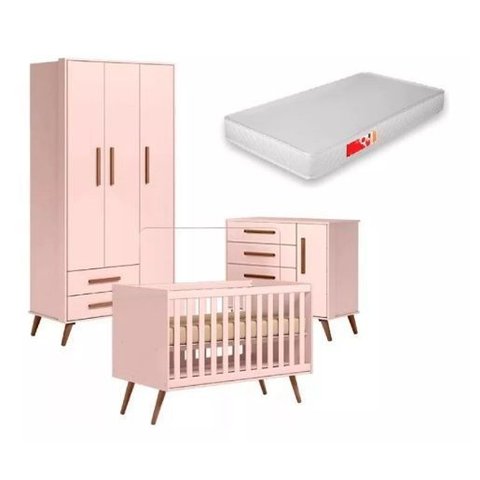 Jogo de Quarto Bebê Q Encanto Retrô Rosa Berço com Colchão - Móveis Leartam