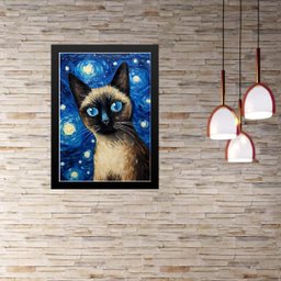 Quadro Gato Siamês Noite Estrelada 33x24cm:moldura Preta - 1