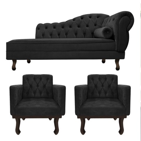 Kit Diva Recamier Diana 160cm Lado Esquerdo e 02 Poltronas Classic Suede Preto - ADJ Decor