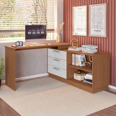 Mesa Escrivaninha com Cômoda com 3 Gavetas e 2 Nichos American Marrom/Freijó com Branco