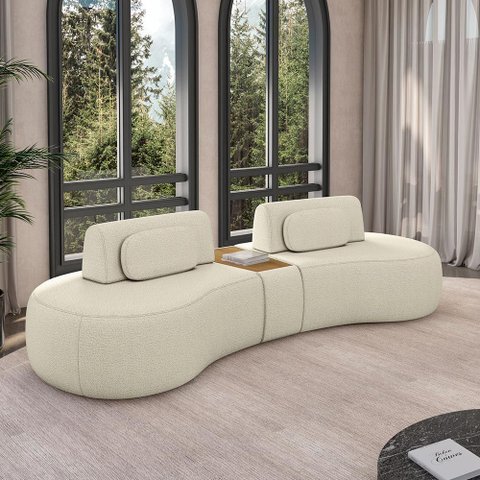 Sofá Sala de Estar Modulado França 325cm com Encosto Articulável Mesa Central e Almofadas Bouclê Off