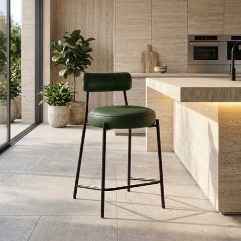 Banqueta Cozinha Alta com Encosto Industrial Preto Londres PU Verde D03 - D’Rossi