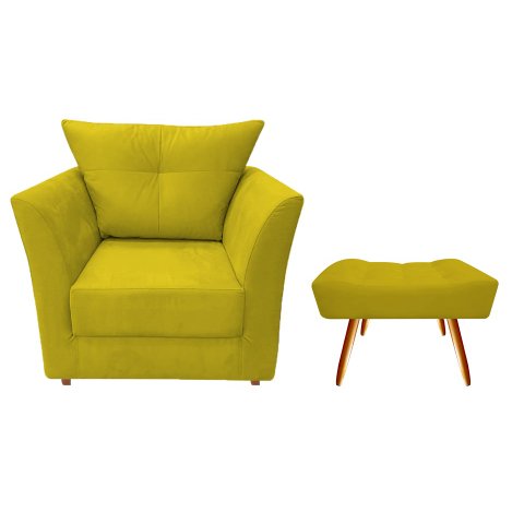 Kit Poltrona Decorativa Isis + Puff Retangular Couro Amarelo Pés Madeira Ms Decor
