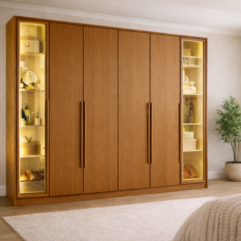 Guarda-Roupa Casal Reflecta 6 Portas 2 Gavetas com LED Napoli Marrom/Cinamomo