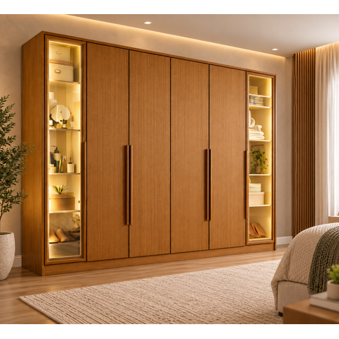 Guarda-Roupa Casal Reflecta 6 Portas 4 Gavetas com LED Napoli Cinamomo