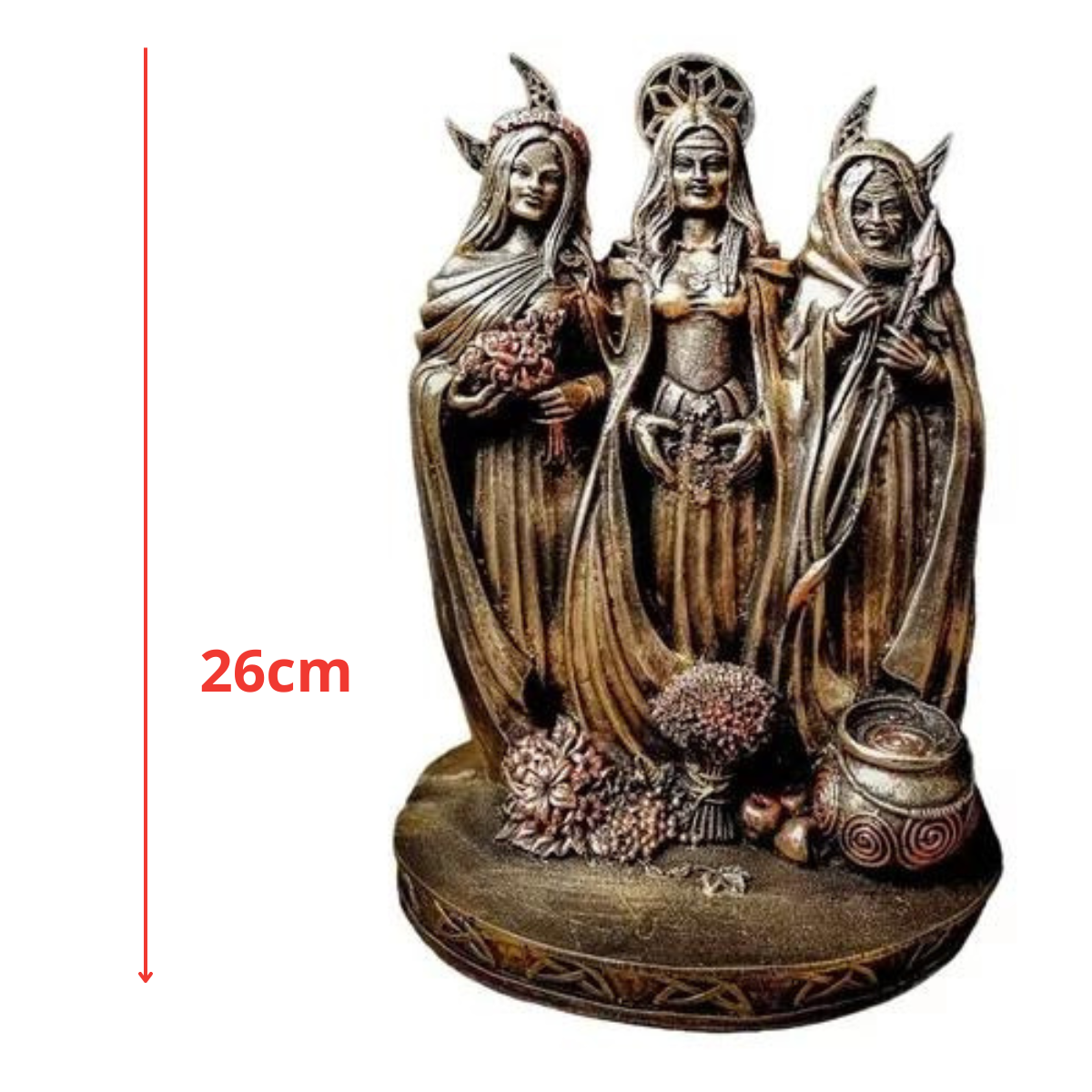 Deusa Tríplice - Resina - Dourado - Hécate Bruxa - Escultura Decorativa - 26cm - 3