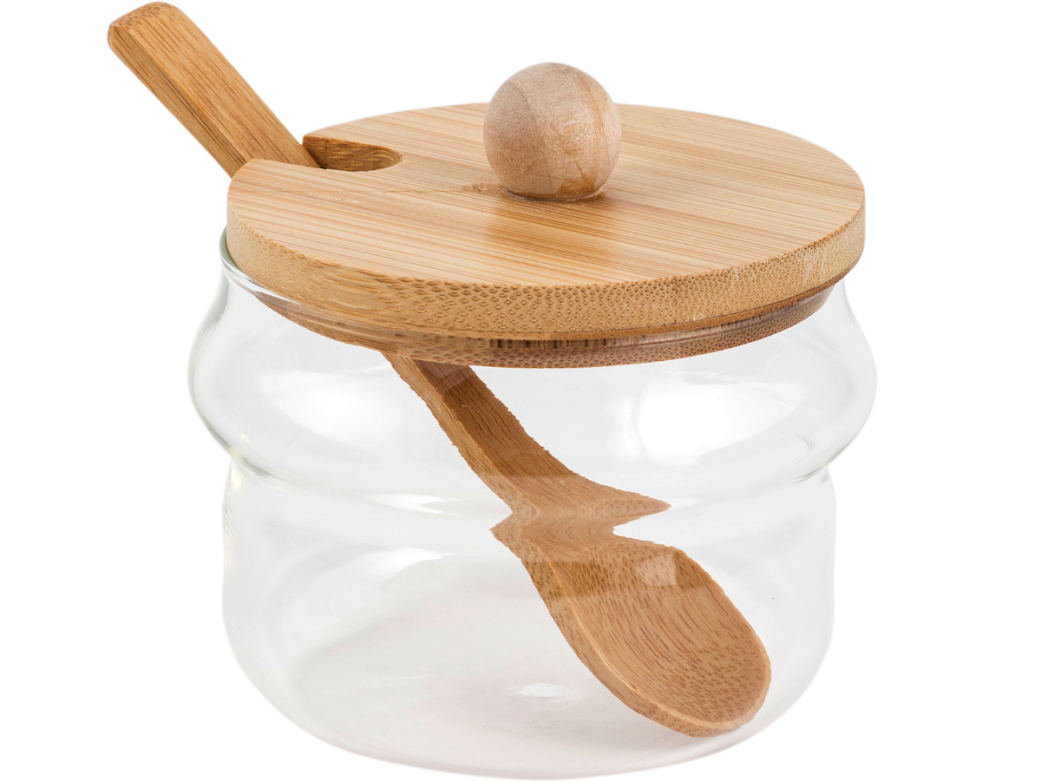 AÇUCAREIRO POTE DE AÇUCAR EM VIDRO TAMPA E COLHER BAMBU:Incolor e bambu - 1