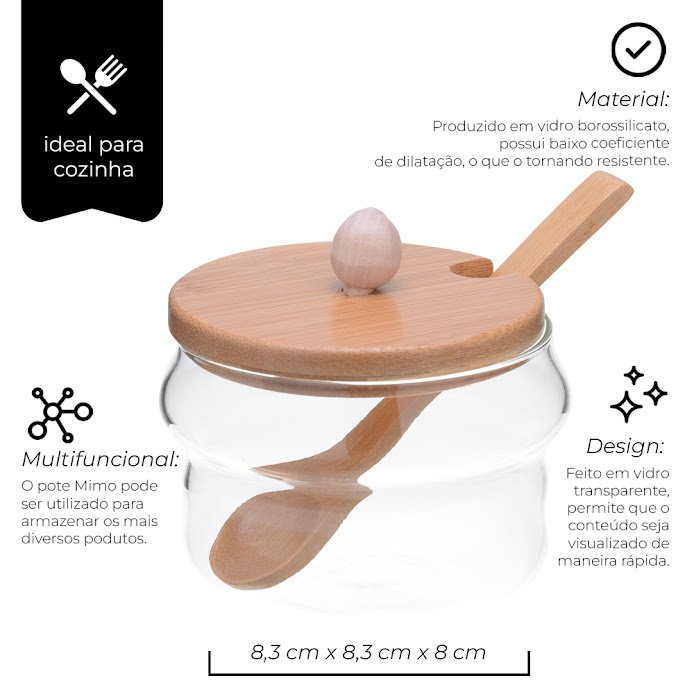 AÇUCAREIRO POTE DE AÇUCAR EM VIDRO TAMPA E COLHER BAMBU:Incolor e bambu - 2