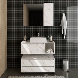 Kit Gabinete Balcão e Espelheira de Banheiro Marina Mármore Branco - 4