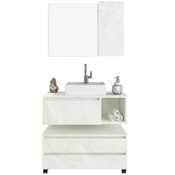 Kit Gabinete Balcão e Espelheira de Banheiro Marina Mármore Branco - 1