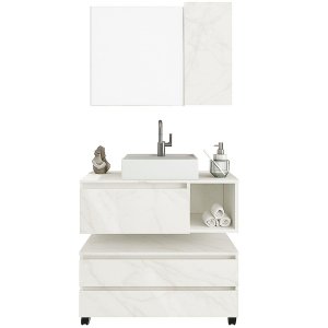 Kit Gabinete Balcão e Espelheira de Banheiro Marina Mármore Branco