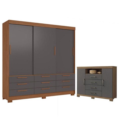 Guarda Roupa Casal 3 Portas 9 Gavetas Morretes e Cômoda Havana Master com Pés Jatobá Grafite - Santo