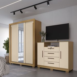 Kit Guarda Roupa Casal 3 Portas com Espelho e Cômoda Rack 2 Portas 4 Gavetas Carvalho Off White