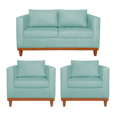 Kit Sofá 3 Lugares e 2 Poltronas Europa 180 cm Estilo Conforto e Elegância Suede Azul Tiffany
