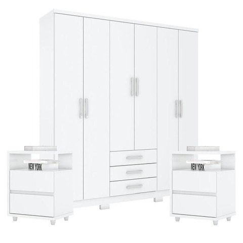 Guarda Roupa Casal Caju 6 Portas com Kit Mesa de Cabeceira Branco - Henn