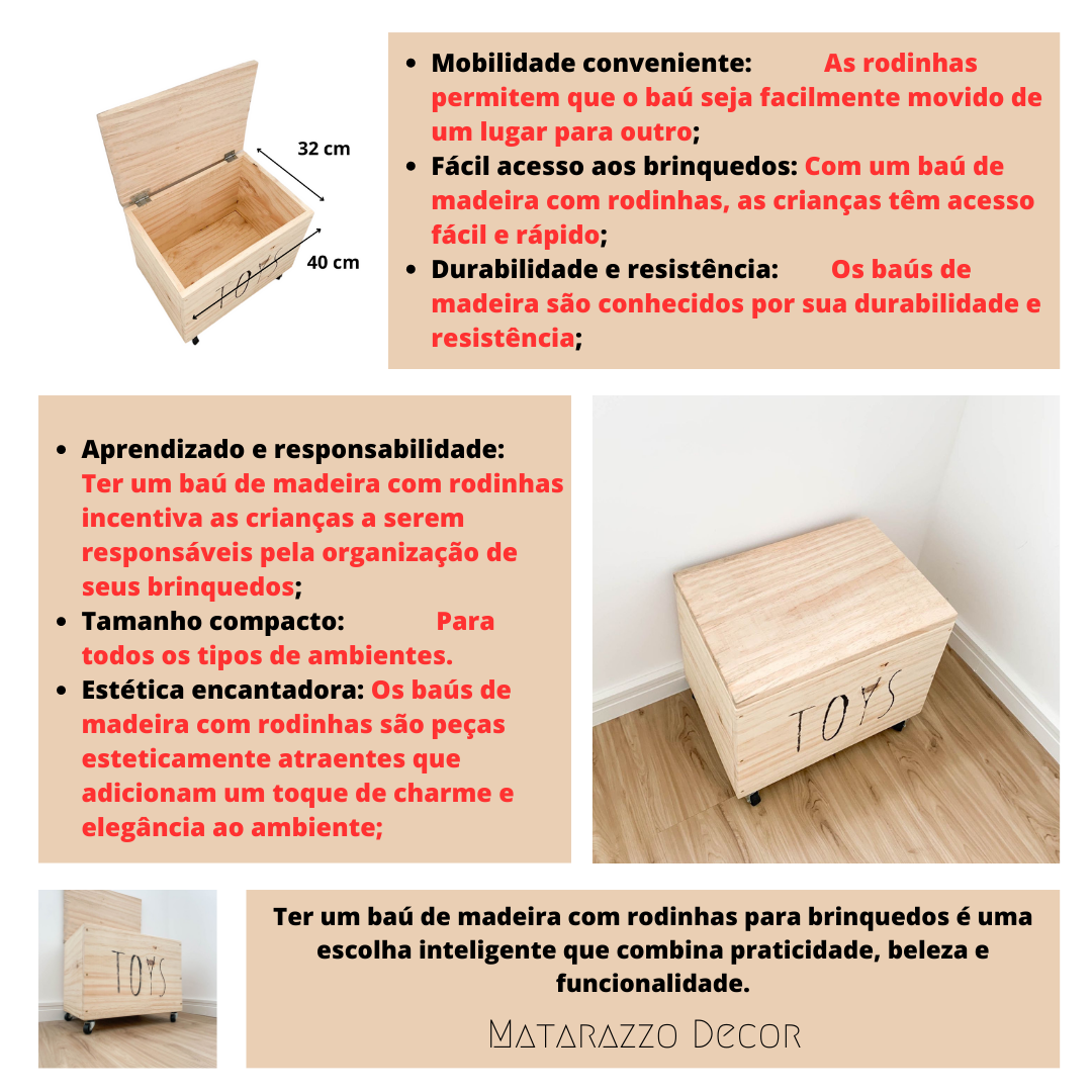 Baú Little Toys com Tampa e Rodinhas 360° - 6