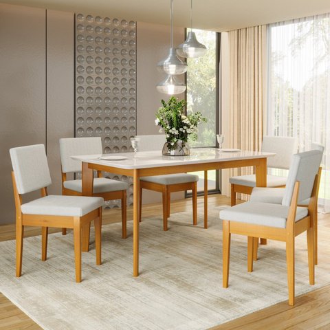 Conjunto Sala de Jantar Siera 6 Lugares Retangular Madeira Maciça Miami Marrom/Cerejeira/Nevoa