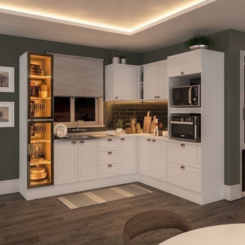 Cozinha 7 Peças em L com Rodapé Tampo e Cristaleira com LED Pérola Yescasa