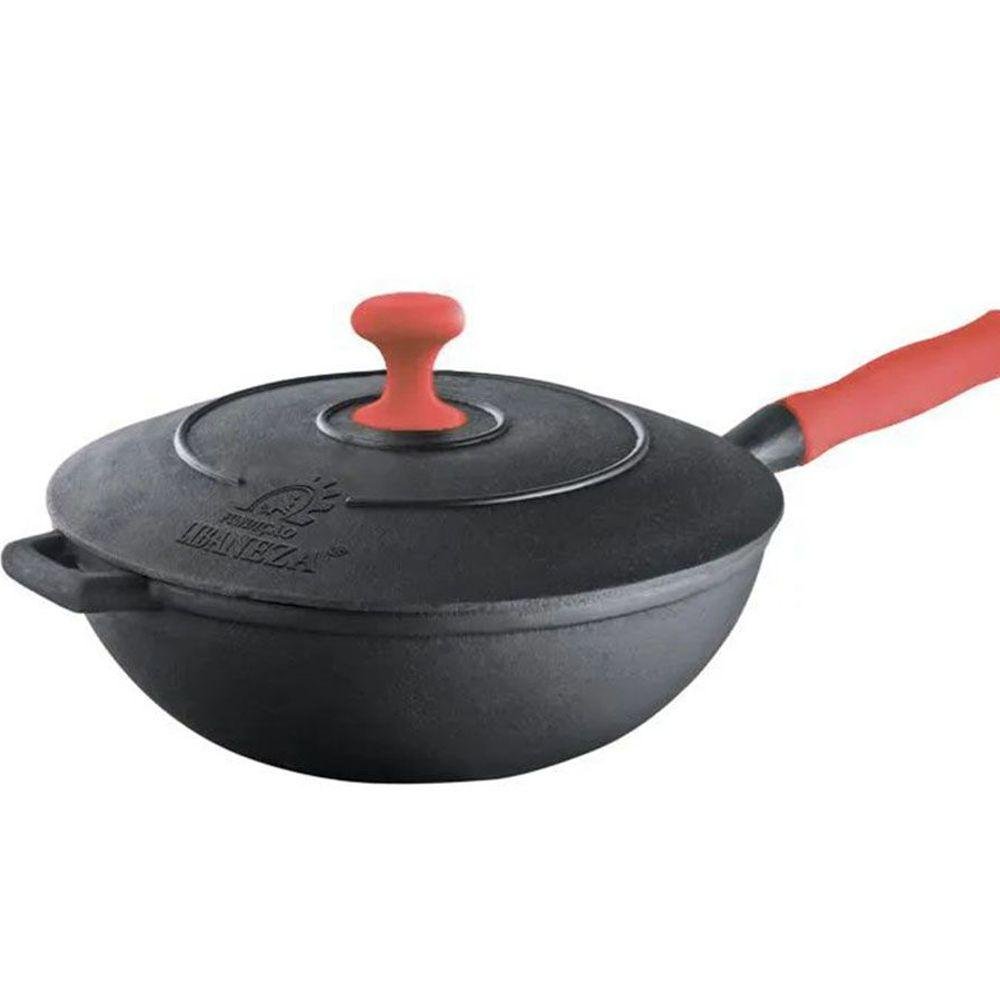 Panela Wok em Ferro Fundido com Cabo Silicone Vermelha 28 Cm - 1