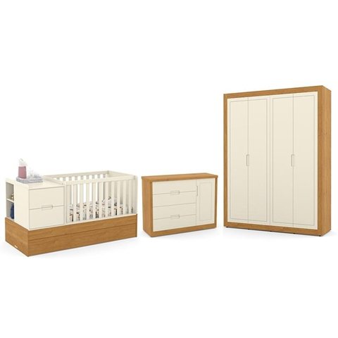 Dormitório Completo Infantil Tutto New 4 Portas, Cômoda e Berço Multifuncional Formare Off White/Fre