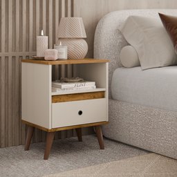 Mesa de Cabeceira Ted 1 Gaveta Branco com Cedro - 3