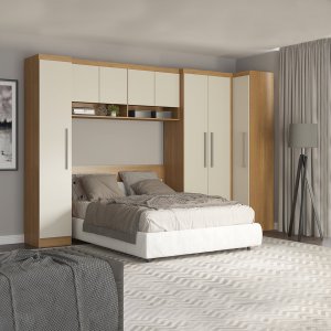 Guarda Roupa Casal Modulado com Painel Cabeceira 326/80x218 Cm Selene 5 Peças Mdp Carvalho Menu