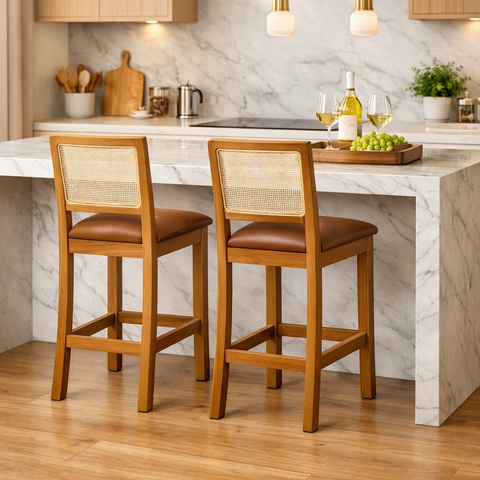 Kit 2 Banquetas Altas em Tela Sextavadas Assento Estofado Couro Pu Caramelo Rubi Madeira Maciça Mel