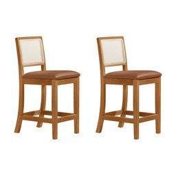Kit 2 Banquetas Altas em Tela Sextavadas Assento Estofado Couro Pu Caramelo Rubi Madeira Maciça Mel - 2