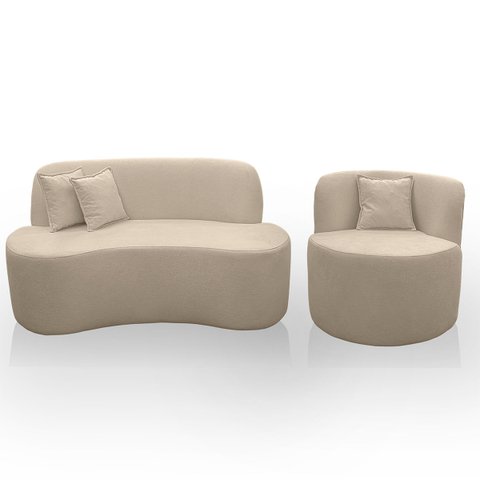 Kit 2 Poltronas com Sofá Curvo 2 Lugares Feijão Forma Orgânica 1,50 Bouclé Maranata
