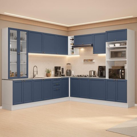 Armário de Cozinha Completa de Canto 549 cm Branco/Azul Vik Madesa 01