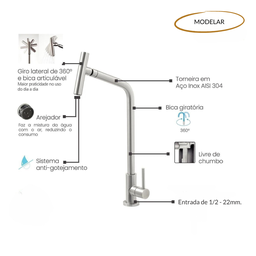 Torneira para Cozinha Mesa Inox Escovado com Bica Articulada - 8