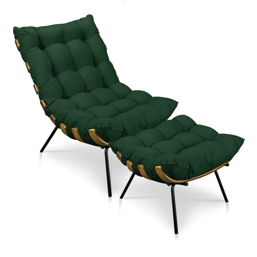 Kit Poltrona e Puff Costela Suede Verde Base Metálica - Pallazio