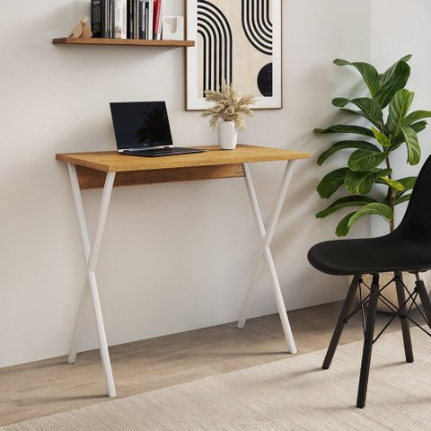 Mesa de Escritório X 80x46 para Trabalho e Estudo com Base em Ferro - Ferro Branco Tampo Freijó