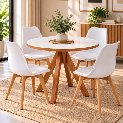 Conjunto Mesa Dallas Redonda 90 cm + 4 Cadeiras Leda - Branco