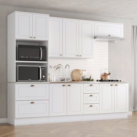 Cozinha Compacta 5 Peças 100% MDF com Torre Quente 2 Fornos e Tampo para Cooktop Americana Branco H