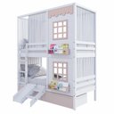 Ver imagem 2 de Beliche Casinha Reta 02 Janelas 02 Gavetas Rosa Cortina e Escorregador Madeira Maciça Branco/ Rosa