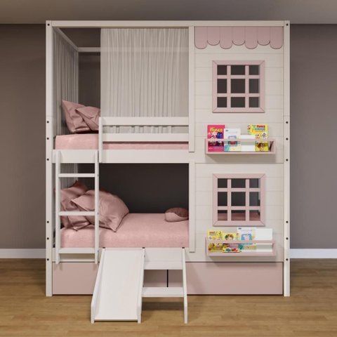Beliche Casinha Reta 02 Janelas 02 Gavetas Rosa Cortina e Escorregador Madeira Maciça Branco/ Rosa