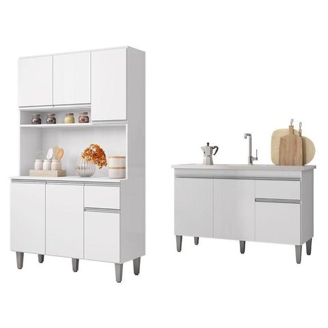 Balcão de Pia Tatiane 120 Cm e Armário Cozinha Kit Márcia Branco Brilho - Ajl