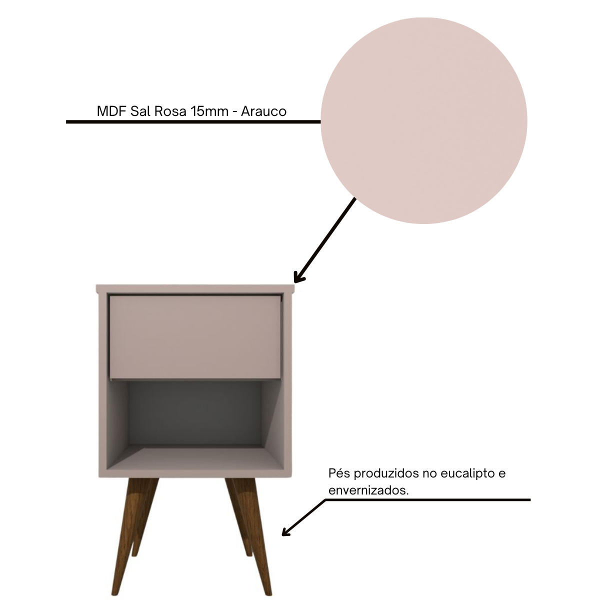Mesa de Cabeceira Mdf Pés Palitos com 1 Gaveta e 1 Nicho Plancasa:sal Rosa - 8