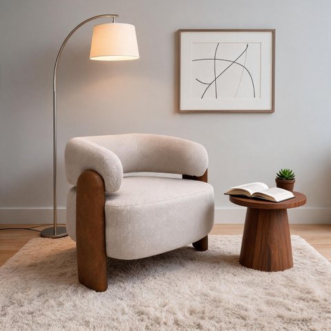 Poltrona Curva Orgânica Moderna Linho Bege Corino Caramelo Linha Premium Sala Quarto Recepção Escrit