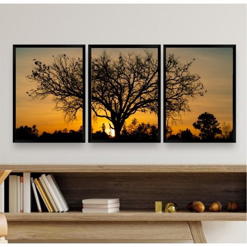 Kit 3 Quadros Paisagem Árvore Por do sol 24x18cm:madeira Preta