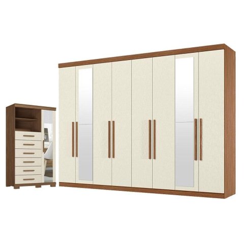 Guarda Roupa Casal Master New 8 Portas de Bater 4 Gavetas MDP com Espelho e Cômoda Marabá Santos