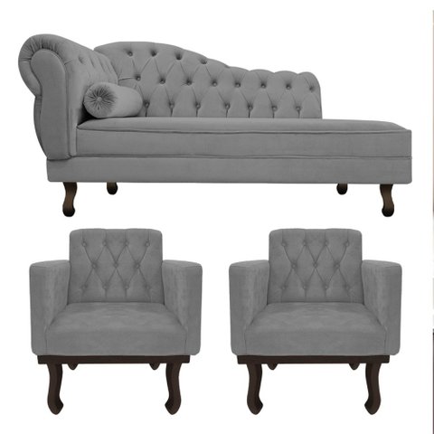 Kit Diva Recamier Juliana 160cm Lado Direito e 02 Poltronas Classic Suede Cinza - Amarena Móveis
