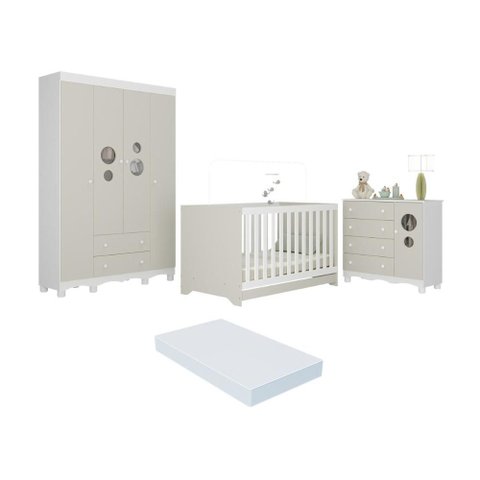 Quarto de Bebê Completo Berço Americano 3 em 1 Colchão Suspiro Multimóveis Mp4632 Branco/off
