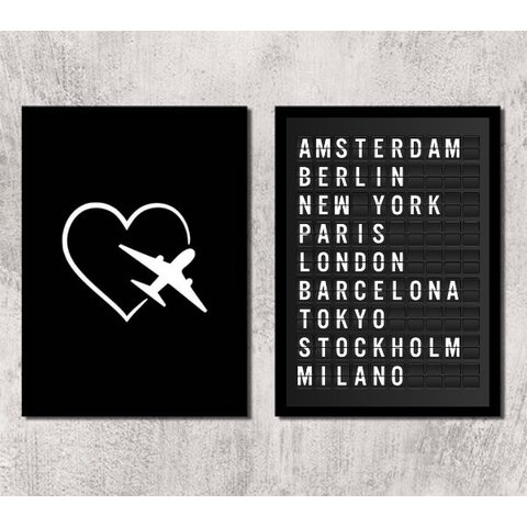 Kit 2 Quadros Travel Placa de Aeroporto 24x18cm - com Vidro:madeira Branca