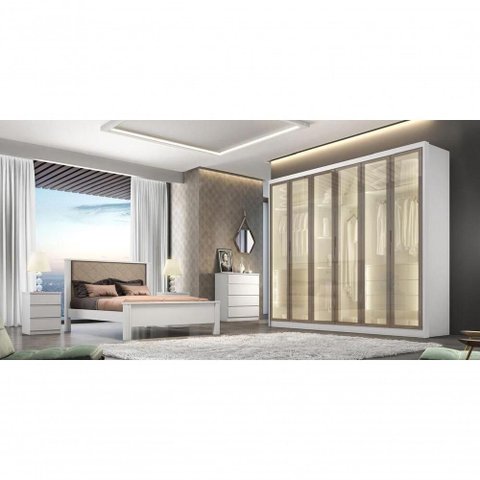 Guarda Roupa Casal Rizon Glass 6 Portas de Bater 8 Gavetas MDF com LED Neve Móveis Novo Horizonte