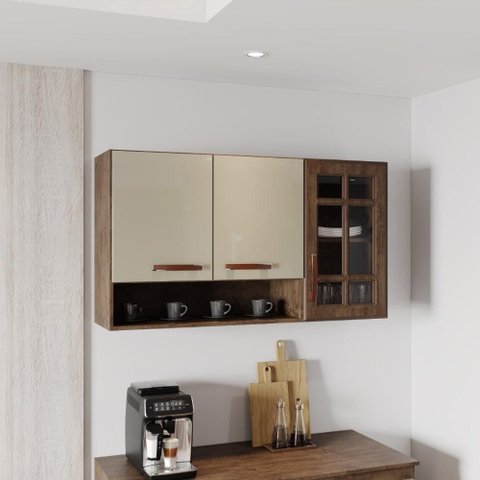 Armário Aéreo Modulado Vazado com Vidro Fidelitá Lisboa 120cm 3 Portas Noce/off-white